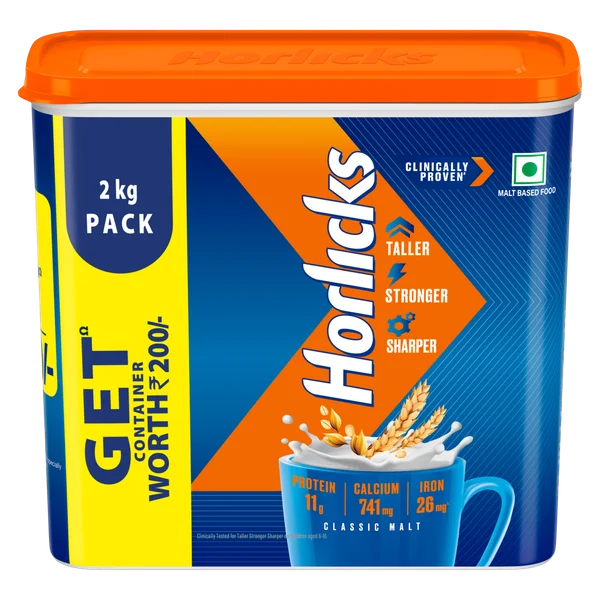 Horlicks Classic Malt Flavour Nutrition Drink Powder 2 kg | Support Immunity | Improves Bone &amp; Muscle Health | Healthy Weight Gain, Pack of 1
