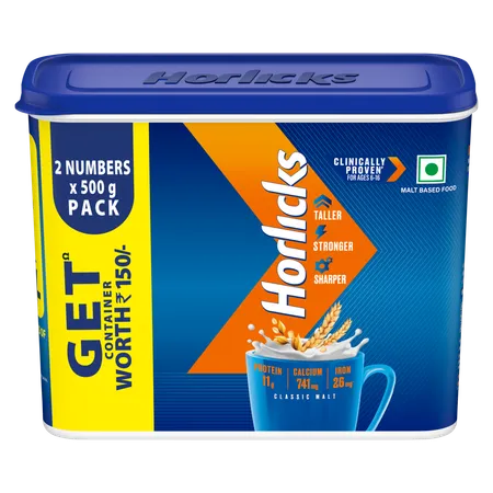 Horlicks Classic Malt Flavour Nutrition Drink Powder 1 kg (2x500 gm) | Support Immunity | Improves Bone & Muscle Health | Healthy Weight Gain