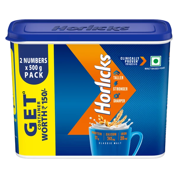 Horlicks Classic Malt Flavour Nutrition Drink Powder 1 kg (2x500 gm) | Support Immunity | Improves Bone &amp; Muscle Health | Healthy Weight Gain, Pack of 1