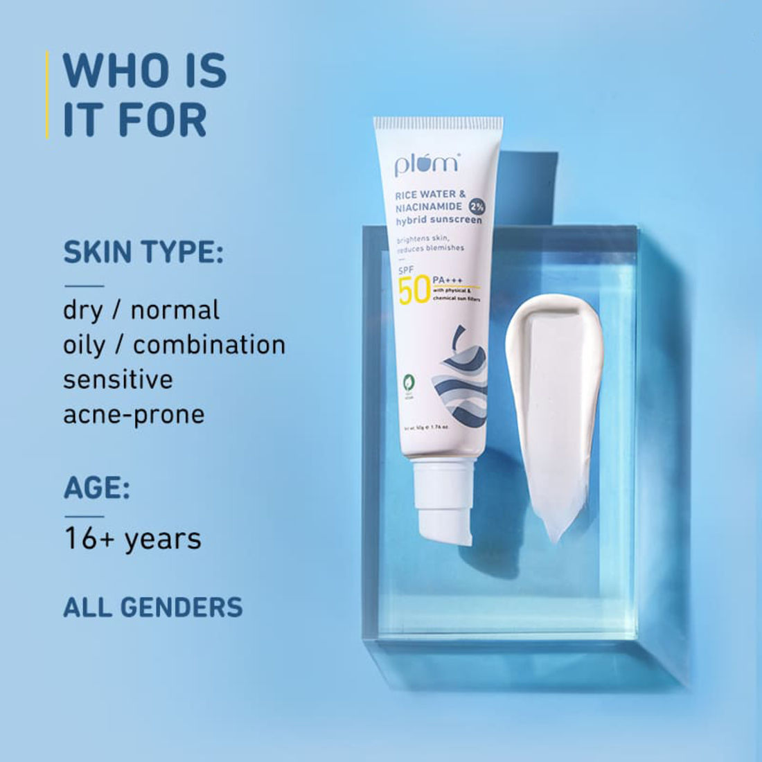 Plum Rice Water & Niacinamide 2% Hybrid Sunscreen SPF 50 PA+++, 50 gm, Pack of 1 Plum Rice Water & Niacinamide 2% Hybrid Sunscreen SPF 50 PA+++, 50 gm, Pack of 1