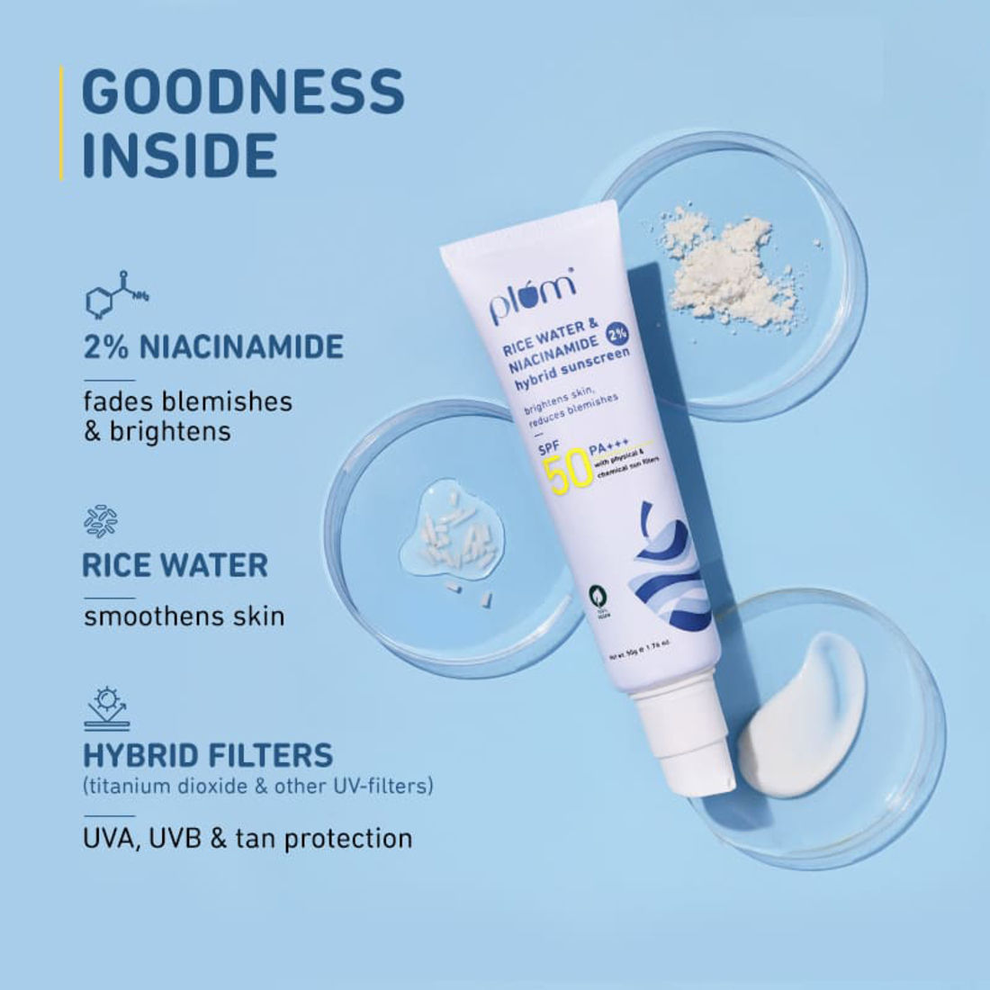 Plum Rice Water & Niacinamide 2% Hybrid Sunscreen SPF 50 PA+++, 50 gm, Pack of 1 Plum Rice Water & Niacinamide 2% Hybrid Sunscreen SPF 50 PA+++, 50 gm, Pack of 1