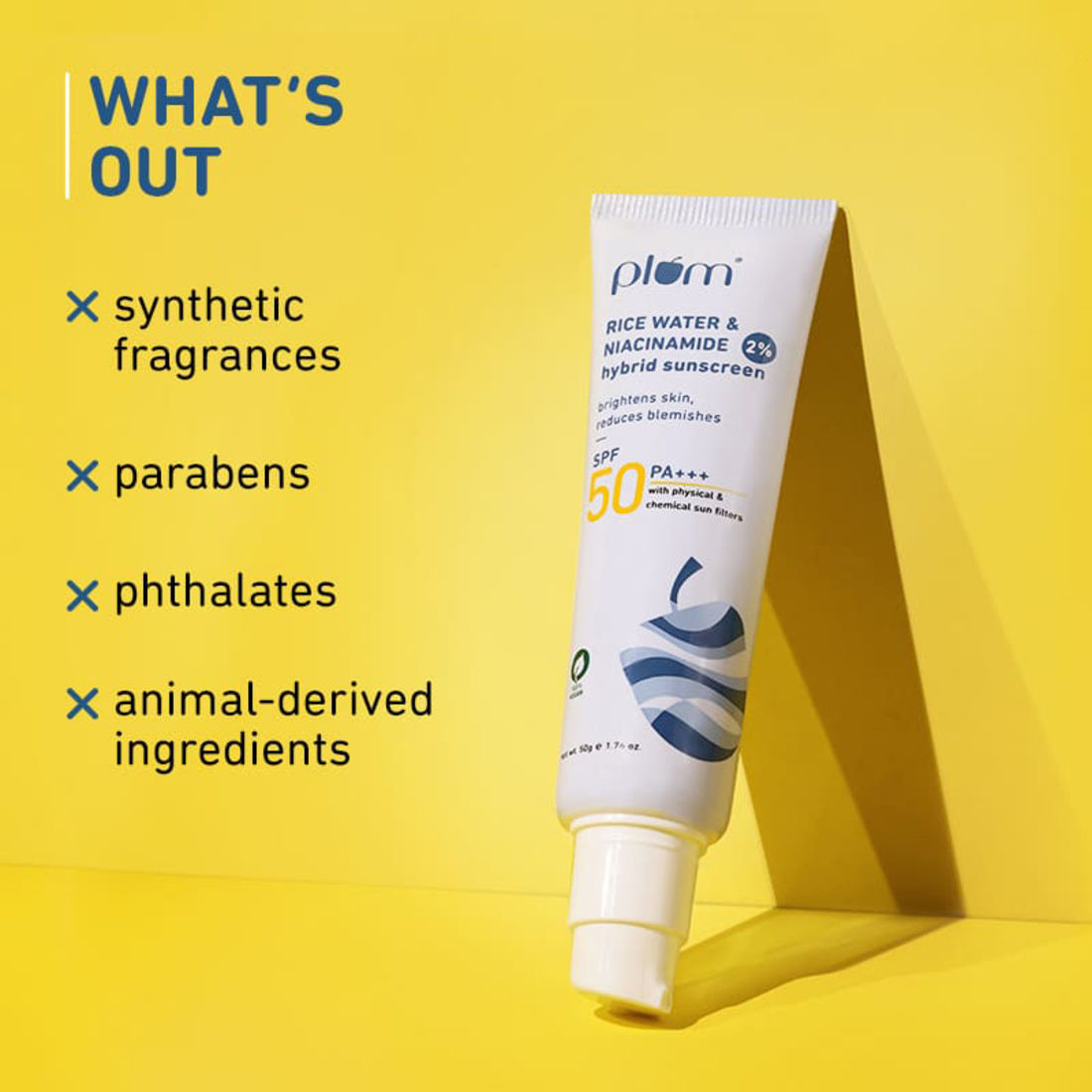 Plum Rice Water & Niacinamide 2% Hybrid Sunscreen SPF 50 PA+++, 50 gm, Pack of 1 Plum Rice Water & Niacinamide 2% Hybrid Sunscreen SPF 50 PA+++, 50 gm, Pack of 1