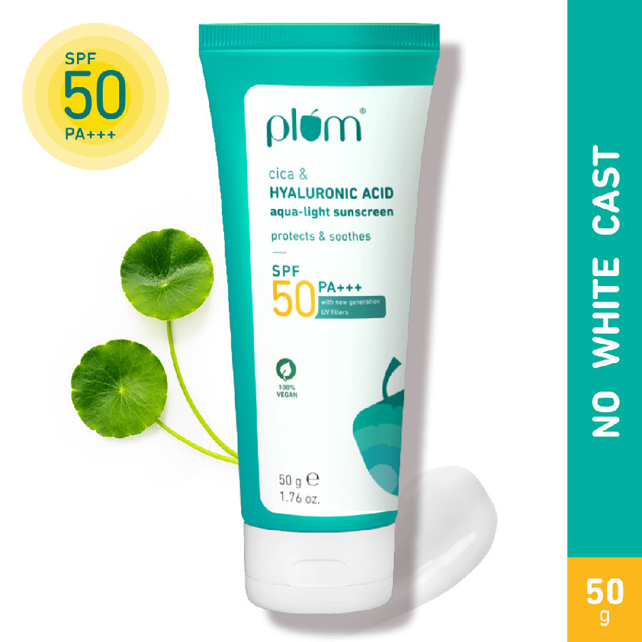 Plum Cica & Hyaluronic Acid Aqua-Light Sunscreen SPF 50 PA+++, 50 gm, Pack of 1 Plum Cica & Hyaluronic Acid Aqua-Light Sunscreen SPF 50 PA+++, 50 gm, Pack of 1