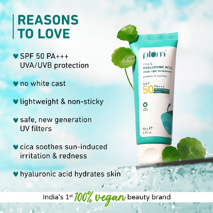Plum Cica & Hyaluronic Acid Aqua-Light Sunscreen SPF 50 PA+++, 50 gm, Pack of 1 Plum Cica & Hyaluronic Acid Aqua-Light Sunscreen SPF 50 PA+++, 50 gm, Pack of 1