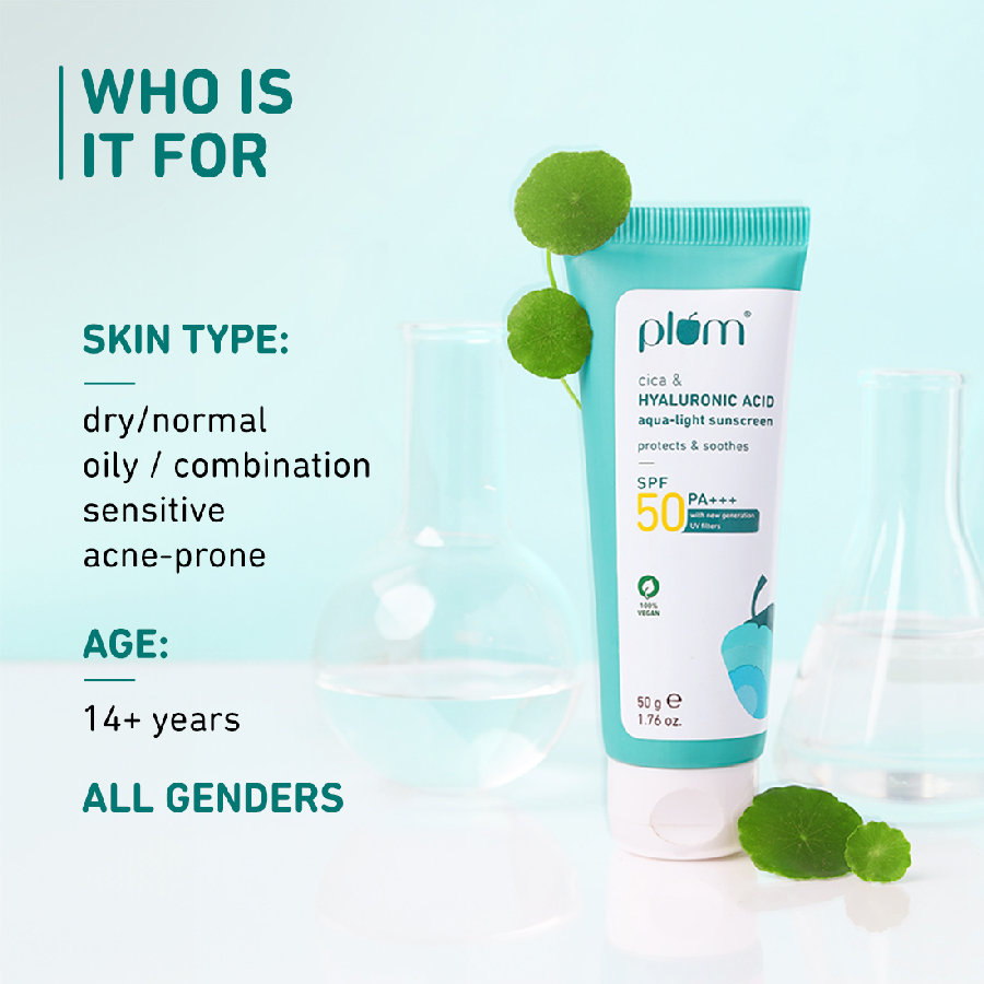 Plum Cica & Hyaluronic Acid Aqua-Light Sunscreen SPF 50 PA+++, 50 gm, Pack of 1 Plum Cica & Hyaluronic Acid Aqua-Light Sunscreen SPF 50 PA+++, 50 gm, Pack of 1