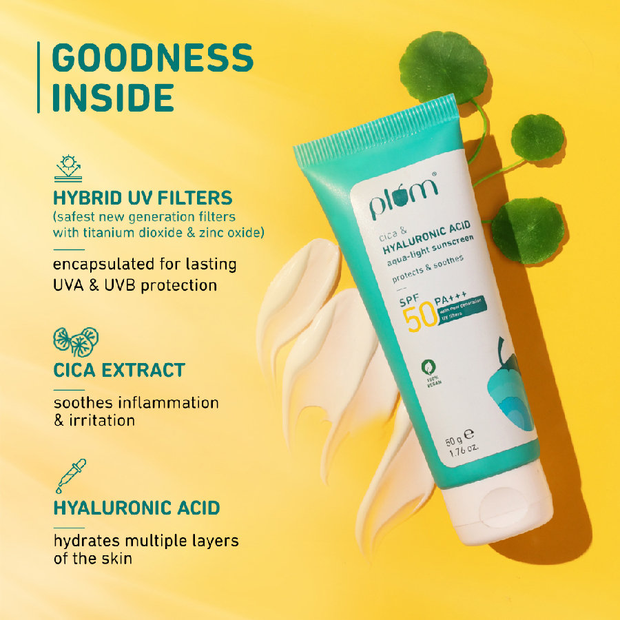 Plum Cica & Hyaluronic Acid Aqua-Light Sunscreen SPF 50 PA+++, 50 gm, Pack of 1 Plum Cica & Hyaluronic Acid Aqua-Light Sunscreen SPF 50 PA+++, 50 gm, Pack of 1