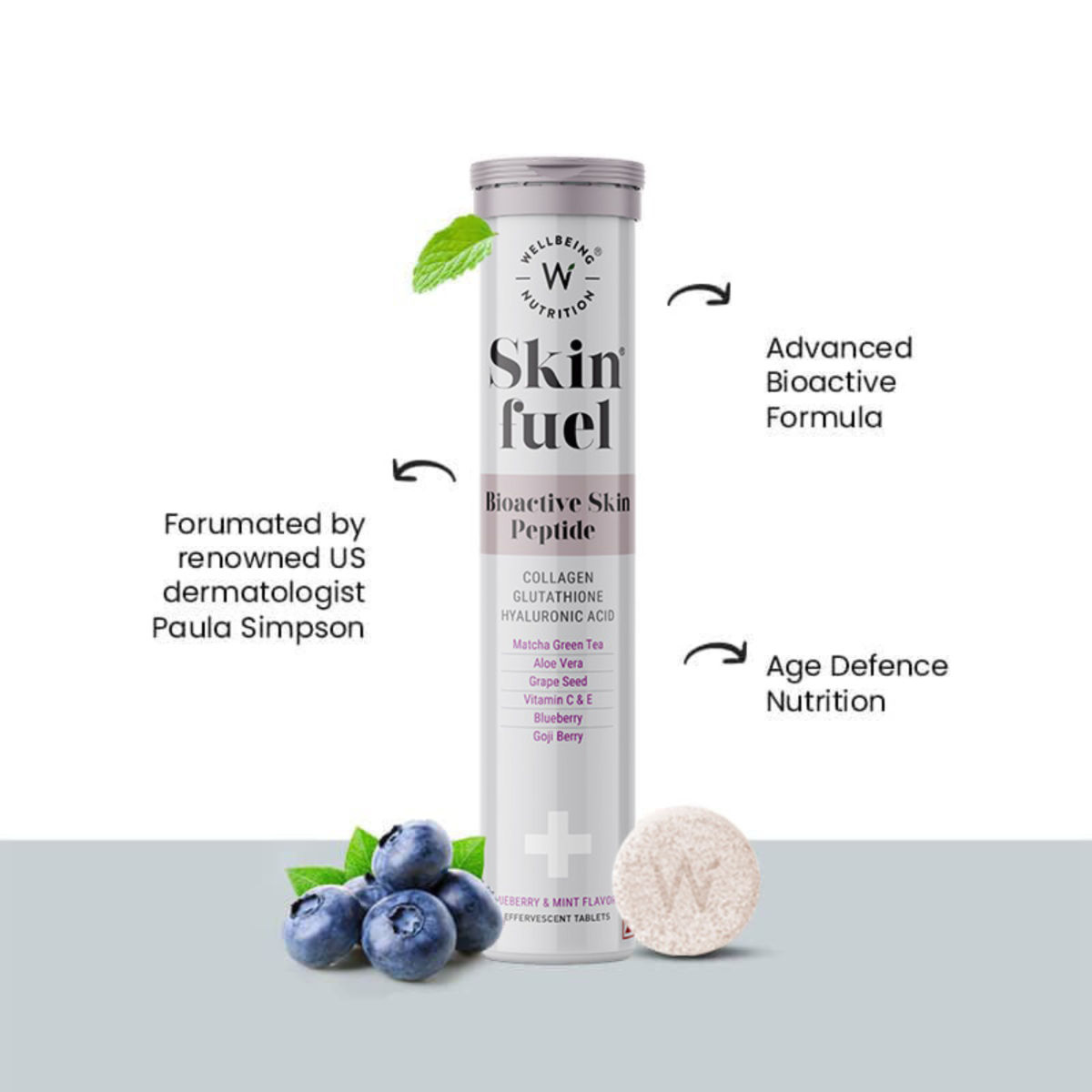 Wellbeing Nutrition Skin Fuel Blueberry & Mint Flavour, 15 Effervescent ...