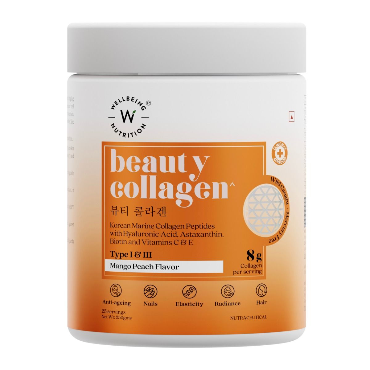 Buy Wellbeing Nutrition Beauty Marine Collagen with Hyaluronic Acid, Biotin & Vitamins Mango Peach Flavour Powder, 250 gm Online