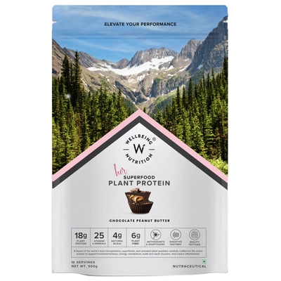 Wellbeing Nutrition Her Superfood Plant Protein Chocolate Peanut Butter Flavour Powder, 500 gm, Pack of 1