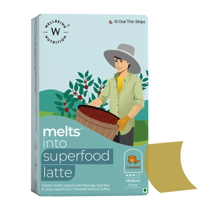 Wellbeing Nutrition Melts Into Superfood Latte Caramel Flavour, 15 Oral Strips, Pack of 1