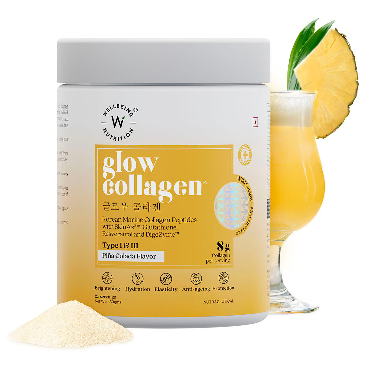 Buy Wellbeing Nutrition Glow Korean Marine Collagen Peptides Type I & III Pina Colada Flavour Powder, 250 gm Online