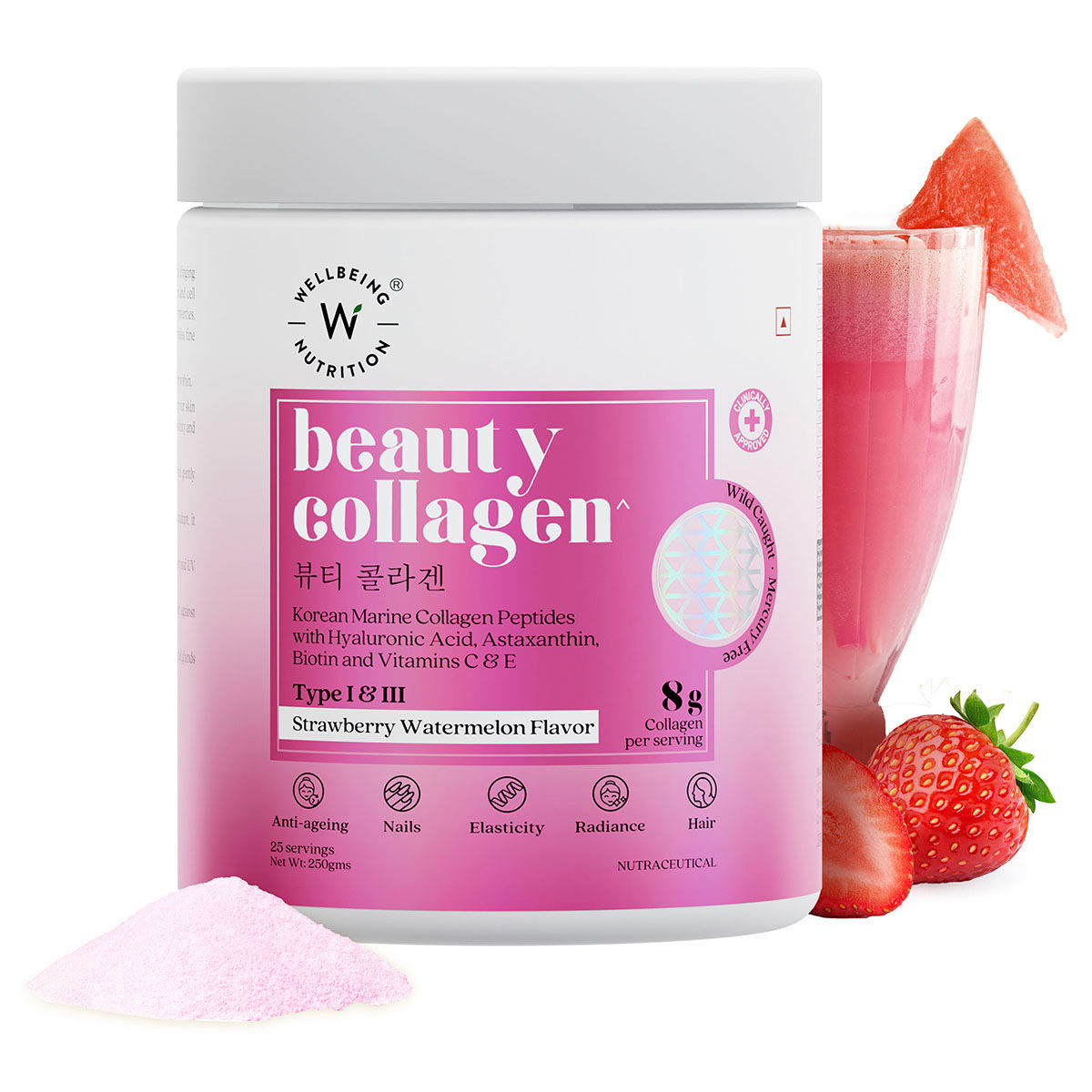 Buy Wellbeing Nutrition Beauty Korean Marine Collagen Peptides Type I & III Strawberry Watermelon Flavour Powder, 250 gm Online