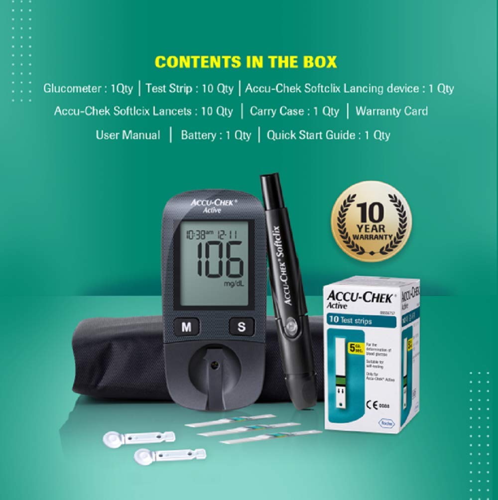 Accu-Chek Active Blood Glucose Monitoring System With 10 Free Test Strips, 1 Kit, Pack of 1 Accu-Chek Active Blood Glucose Monitoring System With 10 Free Test Strips, 1 Kit, Pack of 1