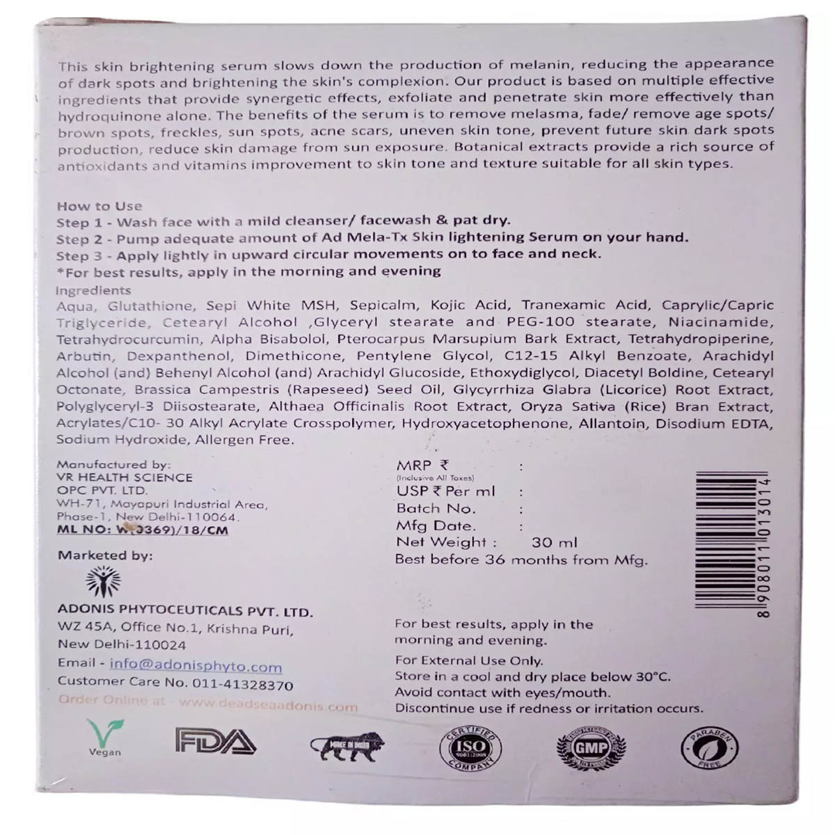 AD Mela-TX SPF 15 Skin Lightening Serum 30 ml, Pack of 1 AD Mela-TX SPF 15 Skin Lightening Serum 30 ml, Pack of 1