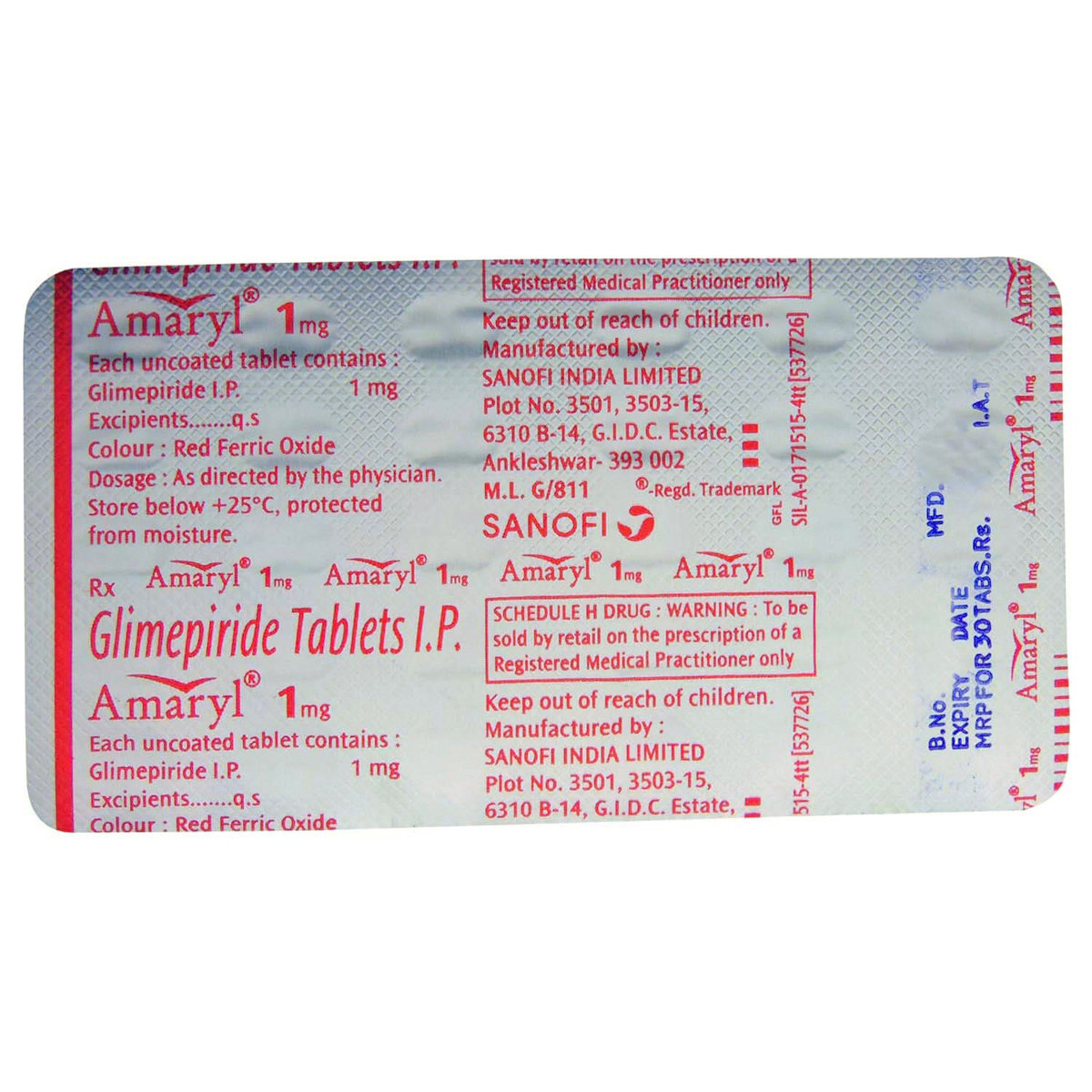 Amaryl 1 mg Tablet 30's, Pack of 30 TABLETS Amaryl 1 mg Tablet 30's, Pack of 30 TABLETS