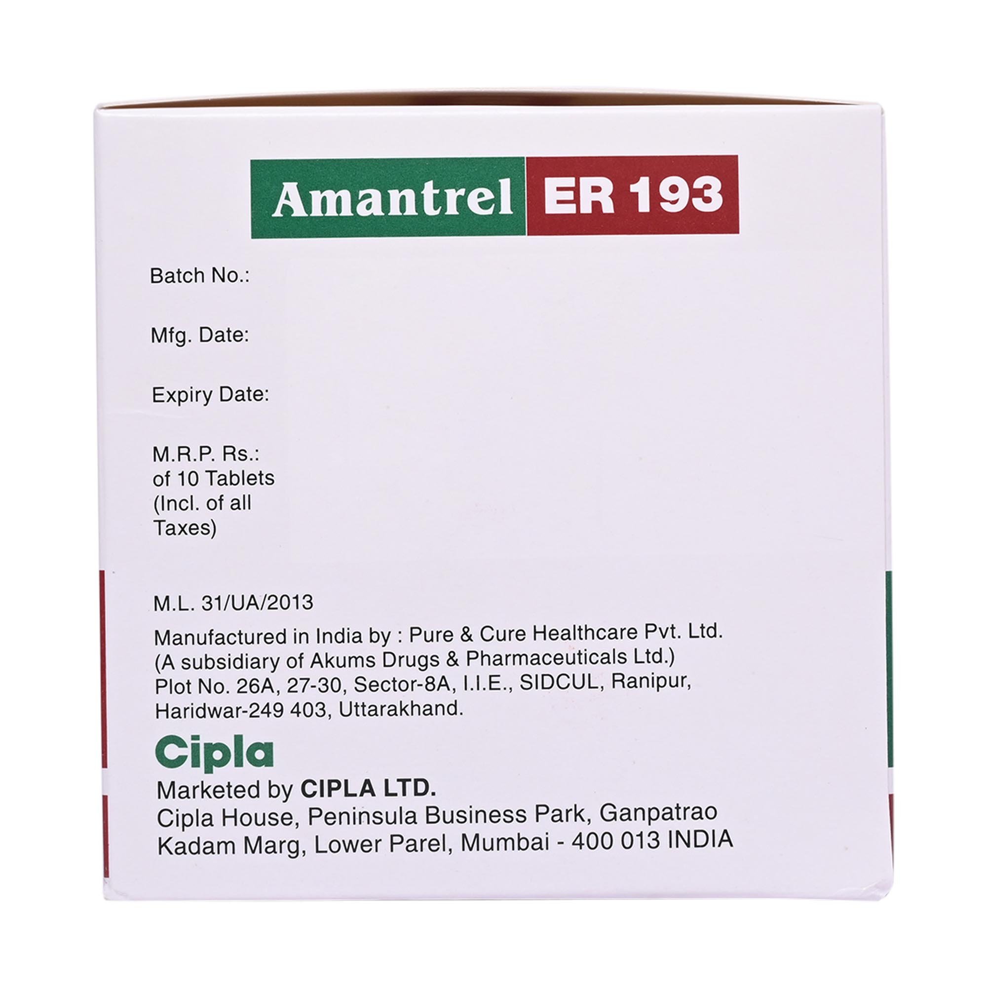 Amantrel ER 193 Tablet 10's, Pack of 10 TABLETS Amantrel ER 193 Tablet 10's, Pack of 10 TABLETS