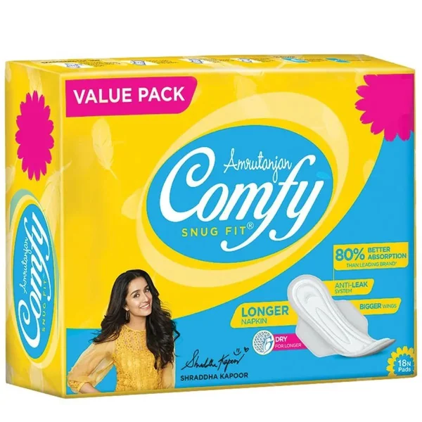 Amrutanjan Comfy Snug Fit Longer Napkin Sanitary Pads, 18 Count