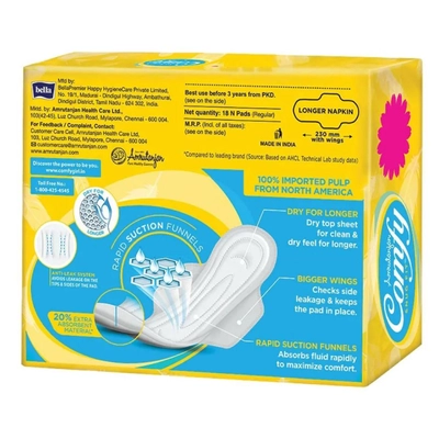 Amrutanjan Comfy Snug Fit Longer Napkin Sanitary Pads, 18 Count, Pack of 1