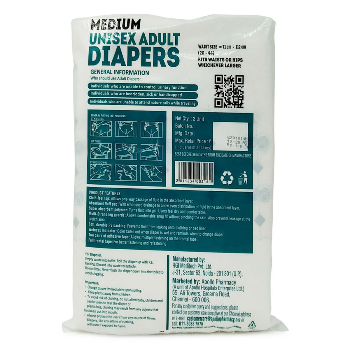 Apollo Life Unisex Adult Diapers Medium, 2 Count Price, Uses, Side