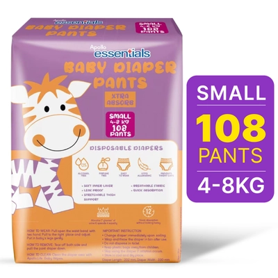 Apollo Essentials Extra Absorb Baby Diaper Pants Small, 108 Count, Pack of 1