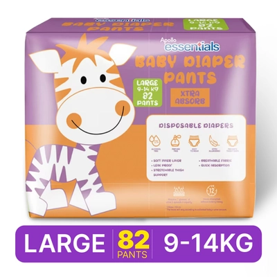 Apollo Essentials Extra Absorb Baby Diaper Pants Large, 82 Count, Pack of 1