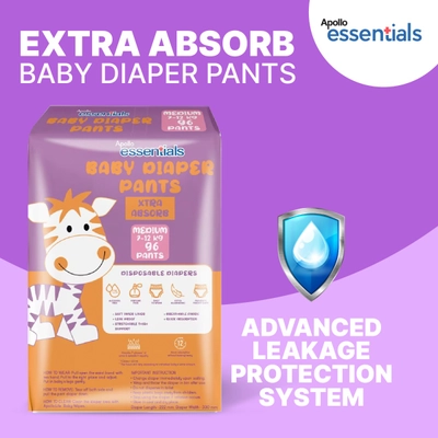 Apollo Essentials Extra Absorb Baby Diaper Pants Medium, 96 Count, Pack of 1