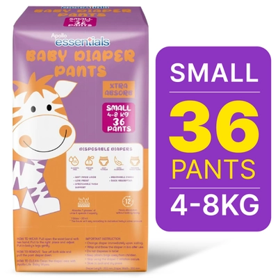 Apollo Essentials Extra Absorb Baby Diaper Pants Small, 36 Count, Pack of 1