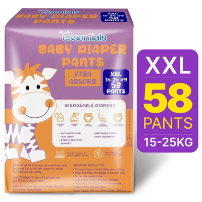 Apollo Essentials Extra Absorb Baby Diaper Pants XXL, 58 Count, Pack of 1