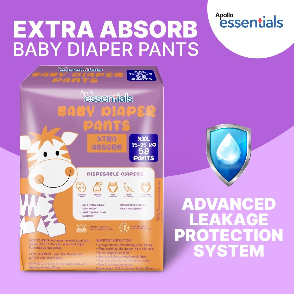 Apollo Essentials Extra Absorb Baby Diaper Pants XXL, 58 Count, Pack of 1 