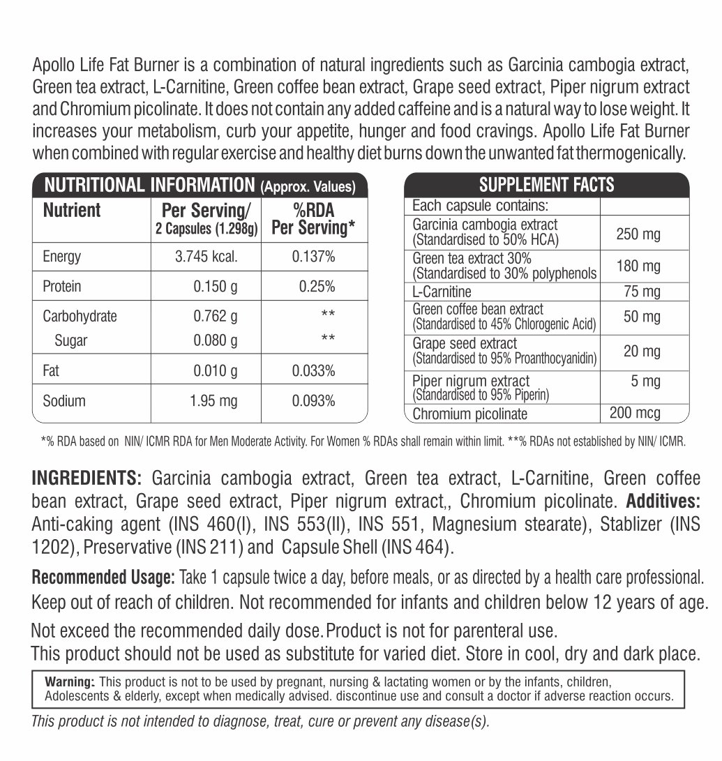 Apollo Life Fat Burner, 60 Capsules, Pack of 1 Apollo Life Fat Burner, 60 Capsules, Pack of 1