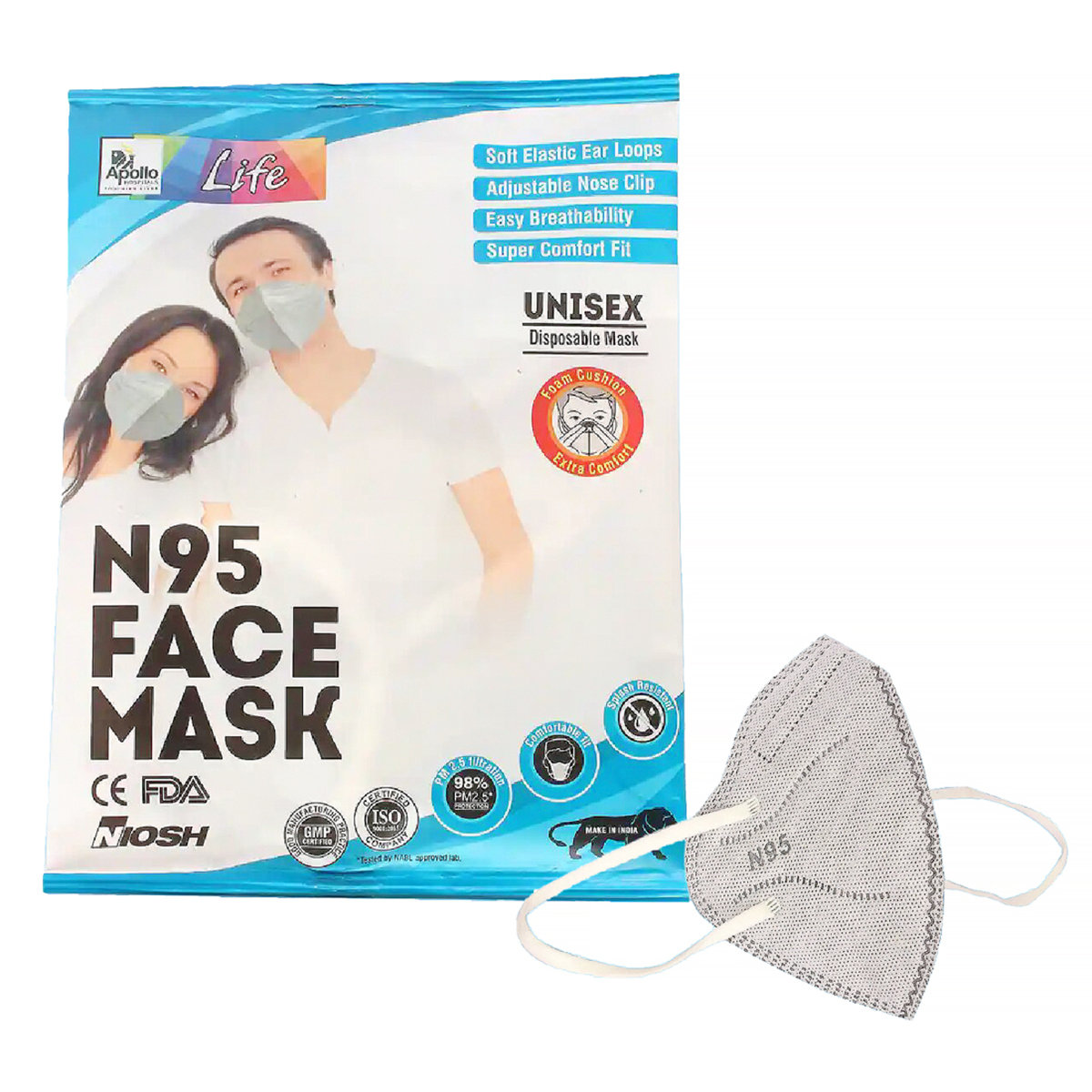 Apollo Life N95 Unisex Face Mask, 5 Count, Pack of 5 Apollo Life N95 Unisex Face Mask, 5 Count, Pack of 5