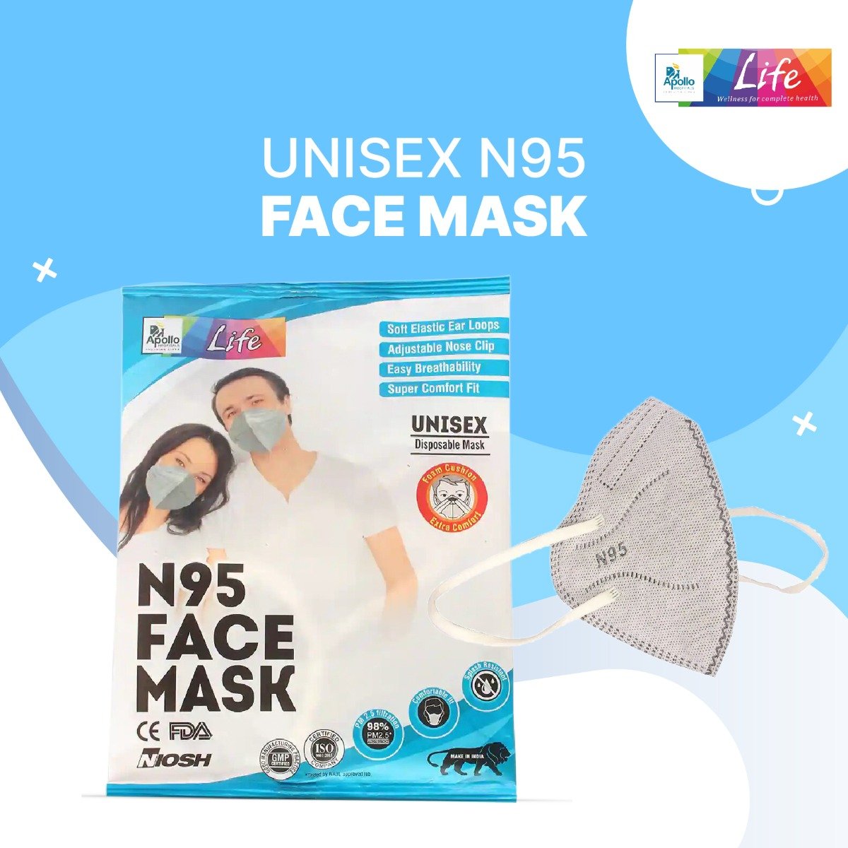 Apollo Life N95 Unisex Face Mask, 5 Count, Pack of 5 Apollo Life N95 Unisex Face Mask, 5 Count, Pack of 5