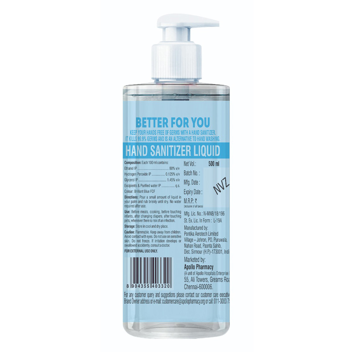 Apollo Life Hand Sanitizer, 500 ml (Pump), Pack of 1 Apollo Life Hand Sanitizer, 500 ml (Pump), Pack of 1