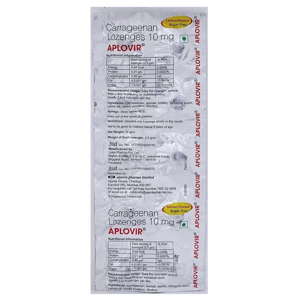 Aplovir 10 mg Lemon Lozenges 10's