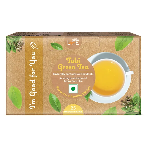 Apollo Life Tulsi Green Tea Infusion Bags, 25 Count, Pack of 1