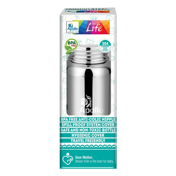 Apollo Life Premium Steel Feeding Bottle, 150 ml, Pack of 1