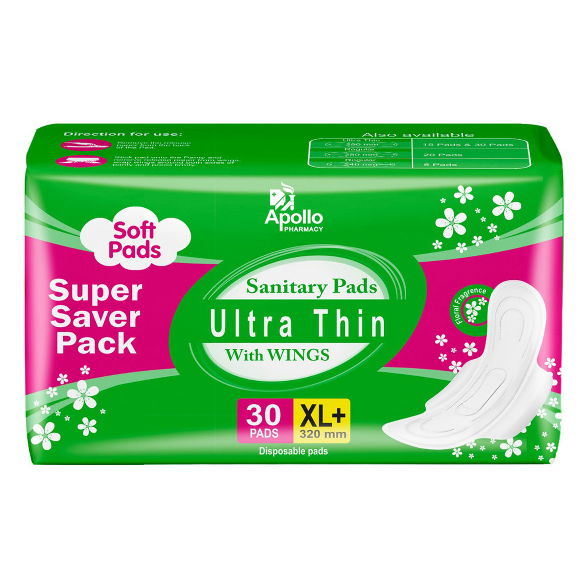 Buy Apollo Pharmacy Ultrathin Sanitary Pads XL+ with Wings, 30 Count Online