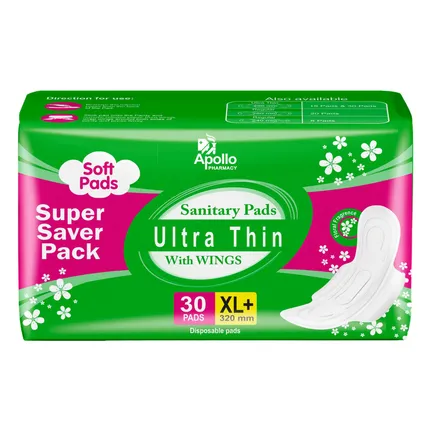 Apollo Pharmacy Ultrathin Sanitary Pads XL+ with Wings, 30 Count