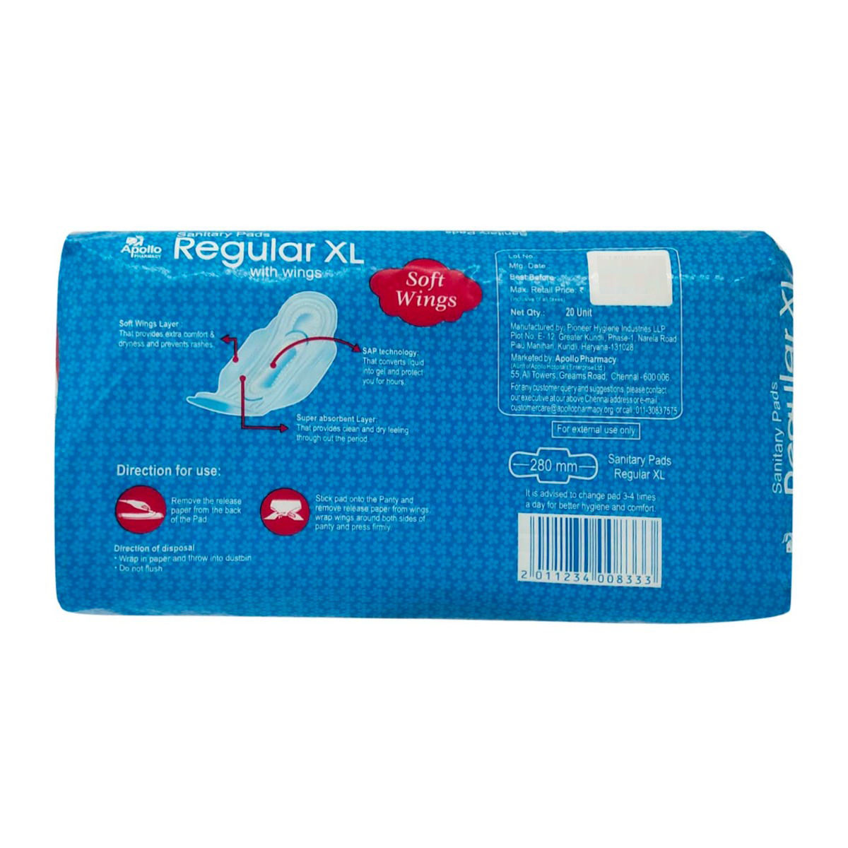 Apollo Pharmacy Regular Sanitary Pads XL, 20 Count, Pack of 1 