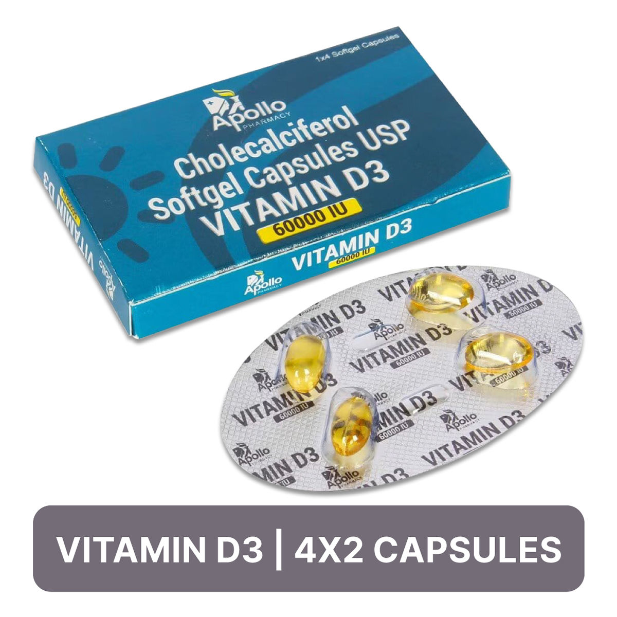 Buy Apollo Pharmacy Vitamin D3 60000 IU, 4 Capsules Online