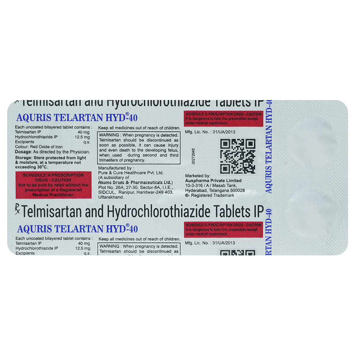 Aquris Telartan Hyd-40 Tablet 10's, Pack of 10 Aquris Telartan Hyd-40 Tablet 10's, Pack of 10