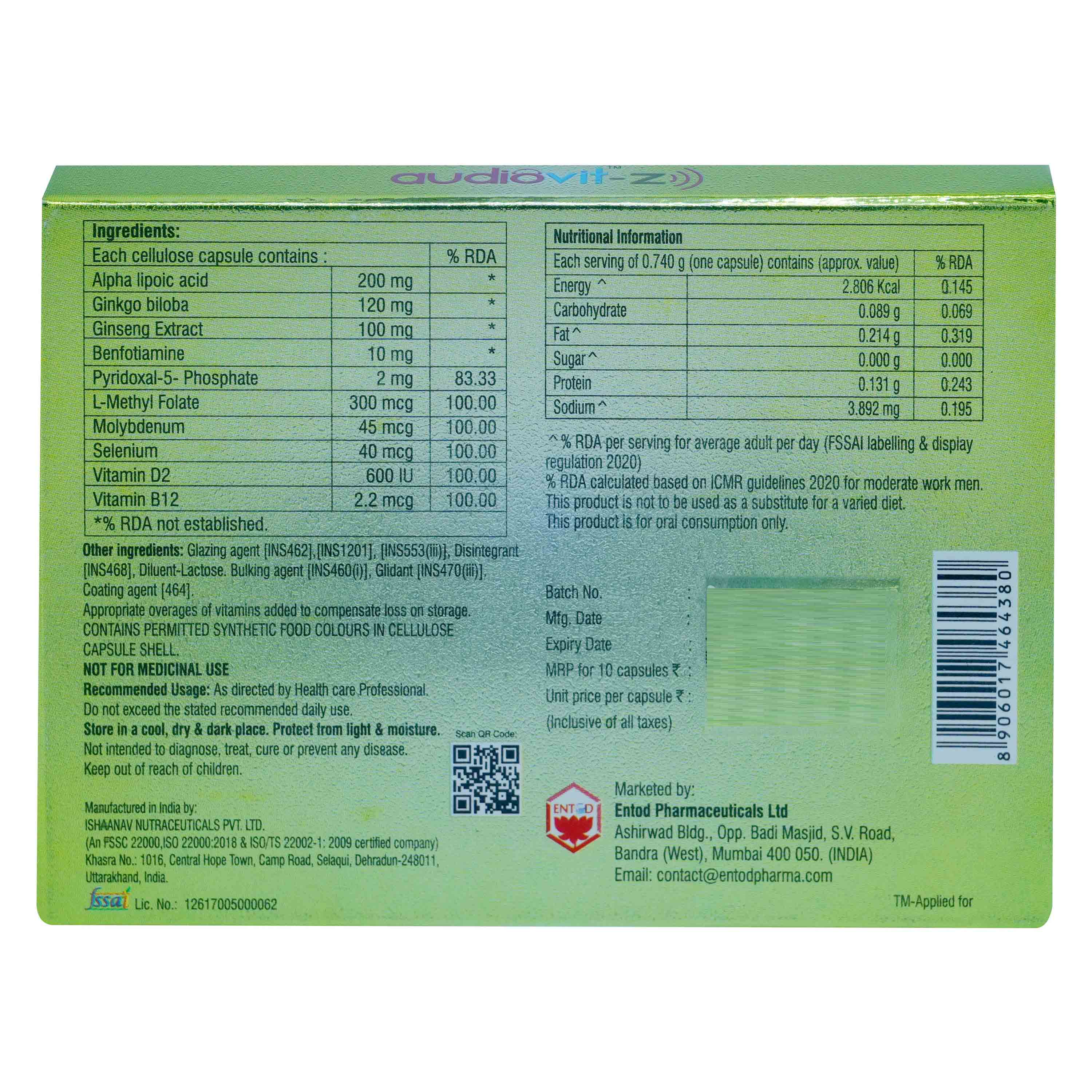 Audiovit-Z Veggie Capsule 10's, Pack of 10 Audiovit-Z Veggie Capsule 10's, Pack of 10