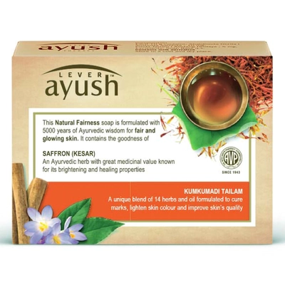 Lever Ayush Natural Fairness Saffron Soap 100 gm | With Saffron &amp; Kumkumadi Tailam | Gives Natural Fairness | Improves Skin Complexion | For Fair &amp; Glowing Skin, Pack of 1