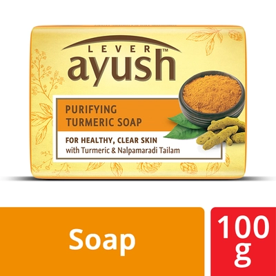 Lever Ayush Purifying Turmeric Soap 100 gm | Goodness Of Turmeric &amp; Nalpamaradi Tailam | For Healthy &amp; Clear Skin, Pack of 1