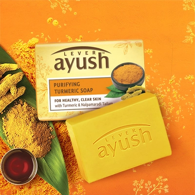 Lever Ayush Purifying Turmeric Soap 100 gm | Goodness Of Turmeric &amp; Nalpamaradi Tailam | For Healthy &amp; Clear Skin, Pack of 1