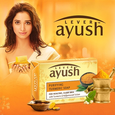 Lever Ayush Purifying Turmeric Soap 100 gm | Goodness Of Turmeric &amp; Nalpamaradi Tailam | For Healthy &amp; Clear Skin, Pack of 1