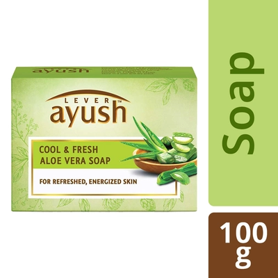 Lever Ayush Cool &amp; Fresh Aloe Vera Soap, 100 gm | With Goodness Of Aloe Vera &amp; Lemon Grass | Hydrated Skin | For Refreshed &amp; Energized Skin, Pack of 1