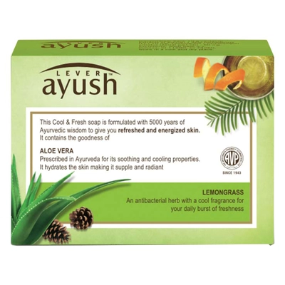 Lever Ayush Cool &amp; Fresh Aloe Vera Soap, 100 gm | With Goodness Of Aloe Vera &amp; Lemon Grass | Hydrated Skin | For Refreshed &amp; Energized Skin, Pack of 1