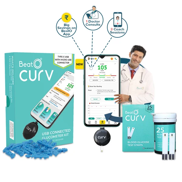 BeatO Curv Smartphone Connected Glucometer Kit with 25 Strips &amp; 25 Lancets (Type-C USB), 1 Count + Free 10-Day Diabetes Care Reversal Program, Pack of 1