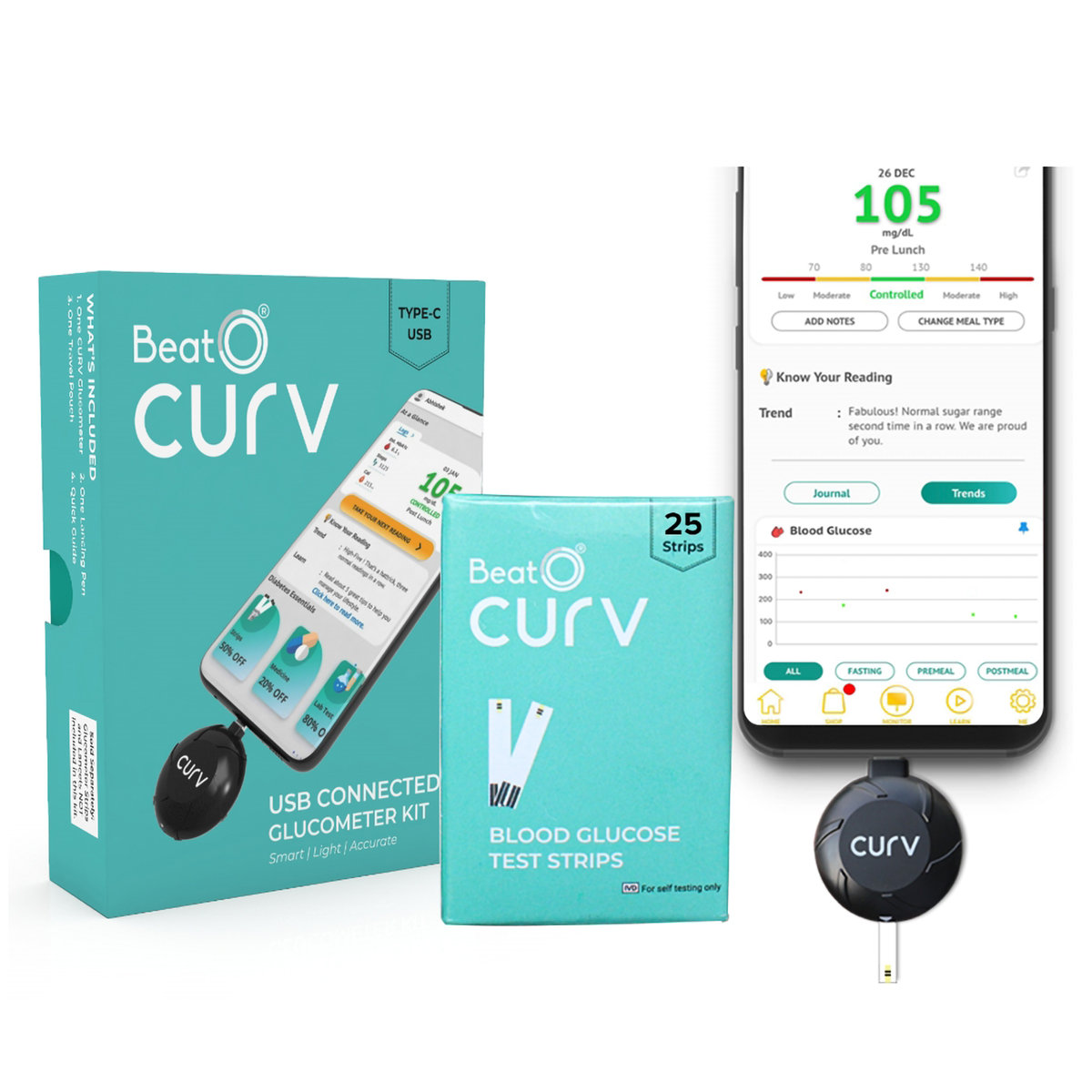 BeatO Curv Smartphone Connected Glucometer Kit with 25 Strips & 25 Lancets (Type-C USB), 1 Count + Free 10-Day Diabetes Care Reversal Program, Pack of 1 BeatO Curv Smartphone Connected Glucometer Kit with 25 Strips & 25 Lancets (Type-C USB), 1 Count + Free 10-Day Diabetes Care Reversal Program, Pack of 1